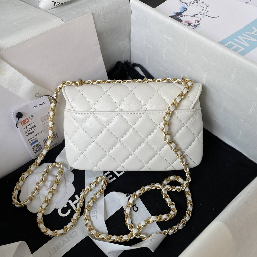 CH*EL23A Advanced Handicraft Shop Series Black Gold Leather Chain Piercing Bag AP3373, Top Quality